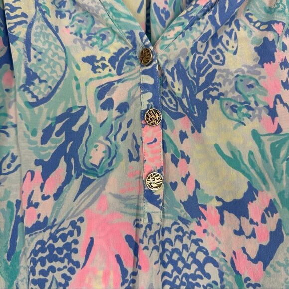 LILLY PULITZER 100% Silk Elsa Mermaids Cove Print Blouse stop Sz XXS Style 41773 - Picture 6 of 8
